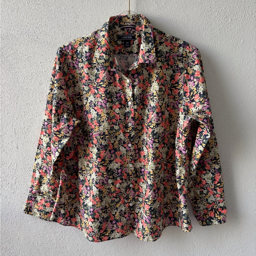 Lands End 18P Floral Long Sleeve Button Up Shirt No Iron Supima Cotton Office‎